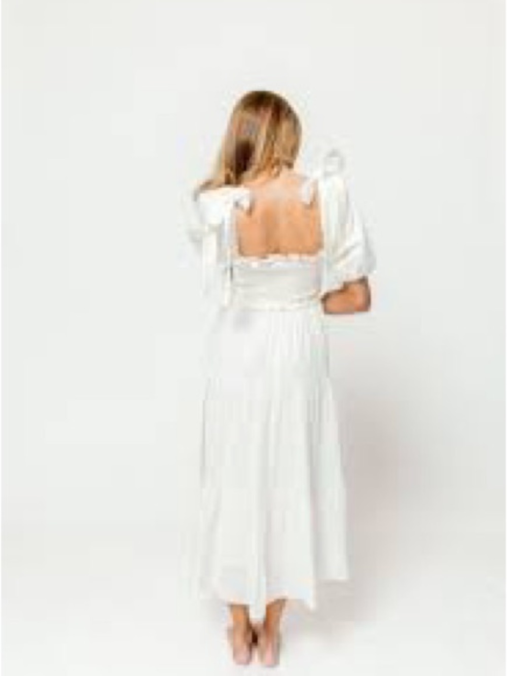 Smocked Square-Back White Midi Dress with Tie Straps